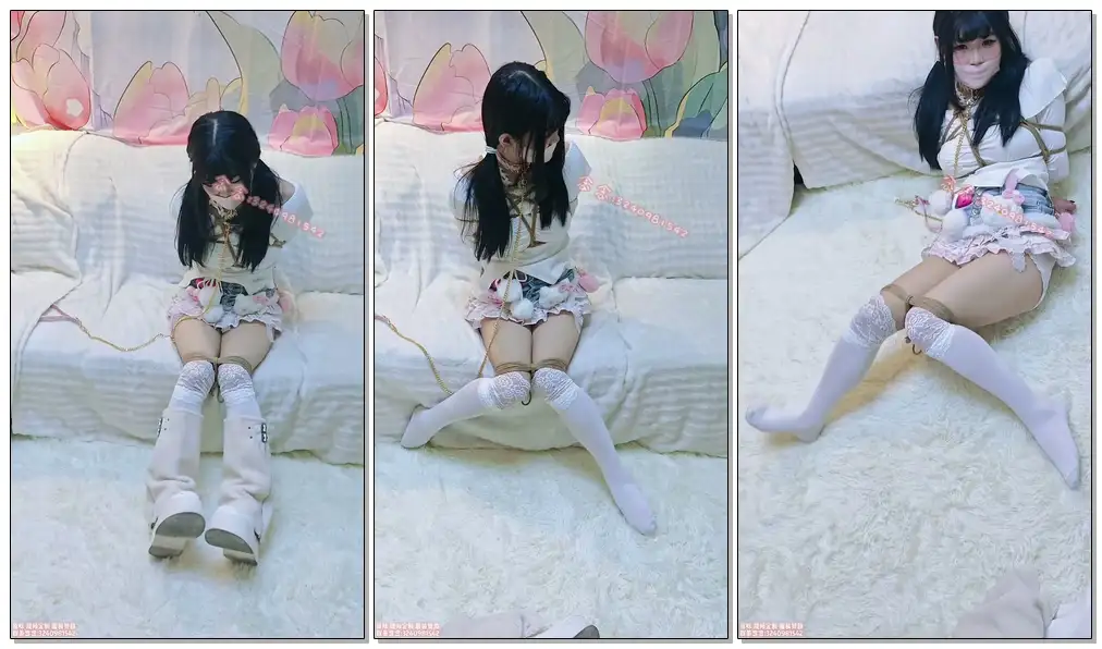 【念念】白靴过膝袜 td放置挣扎 封嘴绑膝盖 鸭子坐 项圈牵引走路